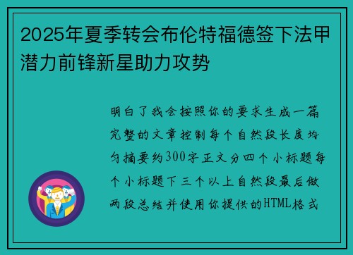 2025年夏季转会布伦特福德签下法甲潜力前锋新星助力攻势